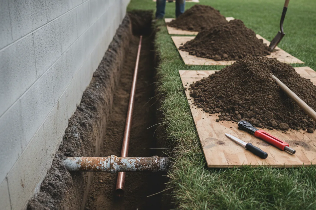 Excavated water line trench during Sewer Line Repair in Curryville